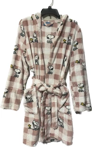 Neu ohne Etikett PEANUTS SNOOPY karierter Plüsch-Morgenmantel mit Kapuze rosa und weiß - S/M - Bild 1 von 6
