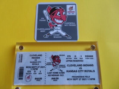 CLEVELAND INDIANS, CHIEF WAHOO FAREWELL MAGNET & LAST HOME GAME TICKET IN HOLDER - Image 1 of 4