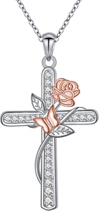 Rose Cross Necklace 925 Sterling Silver Dainty Pendant Gifts for Women Mom Wife - Picture 1 of 7