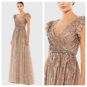 Mac Duggal $698 size 18 Sequin Wrap Over Ruffle Cap Sleeve Copper Dress - Picture 1 of 16
