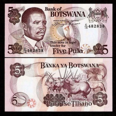 Botsuana 5 PULA P-11a ND 1992 Presidente KHAMA UNC GEMAS LIBRO Dinero Animal BILLETE Foto 1 de 4