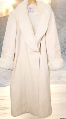 Abrigo largo de lana para mujer con ribete de piel de doble botonadura marfil abrigo de invierno grande 16W Foto 1 de 4