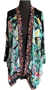JOHNNY WAS Beautiful Floral EMBROIDERED TRIM SOLOMIO KIMONO OPEN JACKET Sz M - Picture 1 of 6