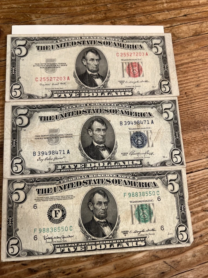 3 - US 5 Dollar Bills With Red, Blue And Green Seals- 2 From 1953, 1 From 1950 - Image 1 of 4