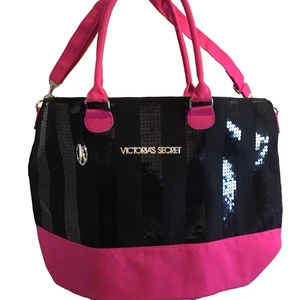 Victorias Secret Shoulder Bag Tote Sequins Logo Purse Large Weekender Black Pink - Picture 1 of 7