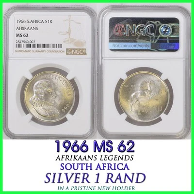 1966 Silver 1 RAND NGC MS 62 South Africa  R1 AFRIKAANS LEGENDS - Image 1 of 3