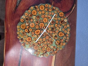 14" Handmade Wall Clock (Green With Wood Discs) with Silver Hands - Picture 1 of 8