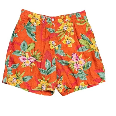 Lauren Ralph Lauren 100% Linen Shorts Pleated Size 10 Tropical Orange Red Floral - Image 1 of 4