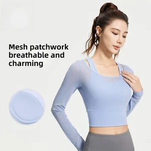 Women Mesh & Chest Pad Yoga Shirts Sportswear Training Gym Crop Tops Activewear - Picture 1 of 21