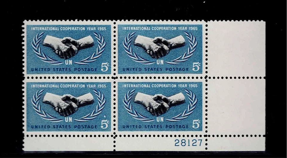 US Scott #1266, Plate Block #28127 1965 Cooperation Year 5c FVF MNH Lower Right - Image 1 of 1