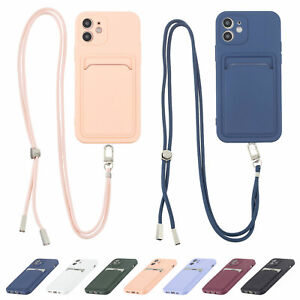 Pure Color Silicone Soft Phone Case With Card Holder And Lanyard For iPhone 6-12