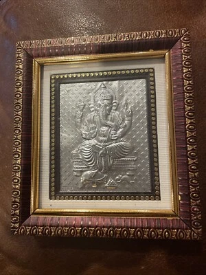Ganapati and Radha Krishna Silver Photo 999 Pure Silver  In Wooden Frame - Image 1 of 2