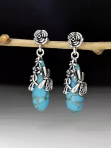 Handmade Silver Turquoise Drop Dragonfly Earring-Silver Turquoise Flower Earring - Picture 1 of 6
