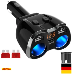 USB C Auto Ladegerät 120W 2 USB + LED Voltmeter KFZ Adapter - Bild 1 von 8