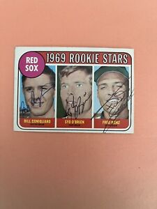 1969 Topps #628 Red Sox Rookies B. Conigliaro, S. O’Brien, F. Wenz Autographs.