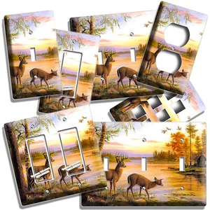 WHITETAIL HIRSCH PAAR HERBST WALD LICHTSCHALTER WANDTELLER STECKDOSE KABINE KUNST DEKOR - Bild 1 von 34