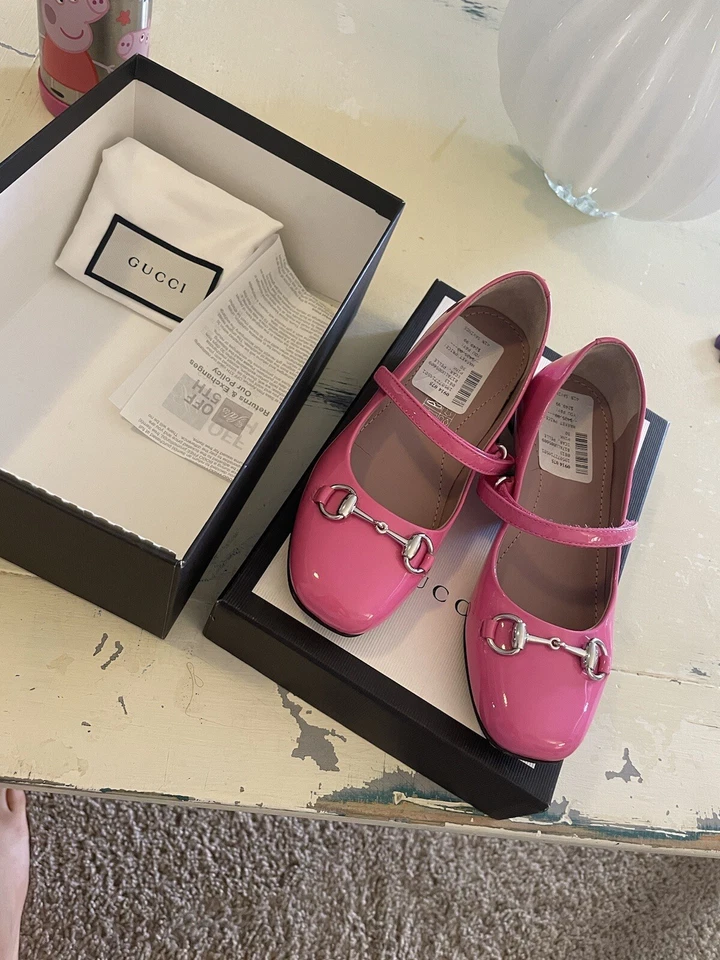 Nuevo W Caja Niñas Gucci Rosa Charol Plata Caballo Broca Ballet Pisos, Talla 30 Foto 1 de 4
