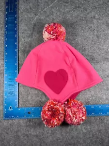 Gap Kids Heart Beanie Youth Extra Large Pink Knit Poly Acrylic Ear Flaps Poms - Picture 1 of 10