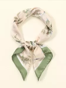 New Elegant Bandana FLORAL GREEN Beige Silk Appearance retro Scarf Hijab - Picture 1 of 5