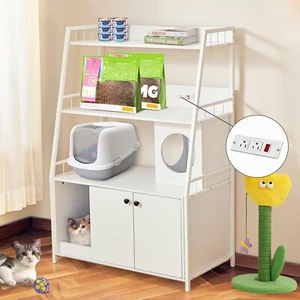 Large Hidden Litter Box Furniture w/ Shelves and Charging Station Cat Enclosure - Picture 1 of 20