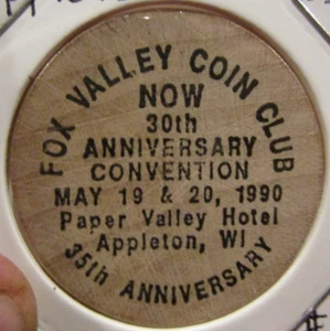 1990 Fox Valley Coin Club Appleton, WI Wooden Nickel - #2 Token Wisconsin - Picture 1 of 2