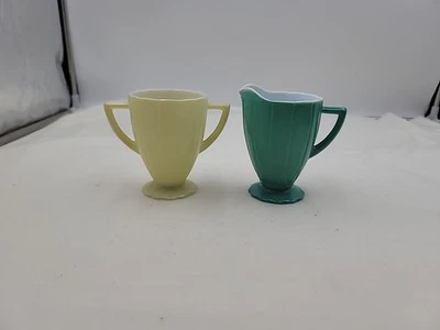 Hazel Atlas Newport Hairpin Platonite ~ Yellow, green ~ Open Sugar and Creamer - Image 1 of 4