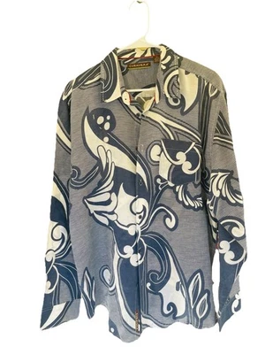 男式 Cubavera 长袖衬衫,蓝色和白色花卉设计,轻便,XL — 第 1/4 张图片