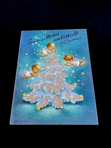 1 Tarjeta de felicitación de Navidad de colección Marjorie Cooper preciosos ángeles árbol de recorte con estrellas - Imagen 1 de 3