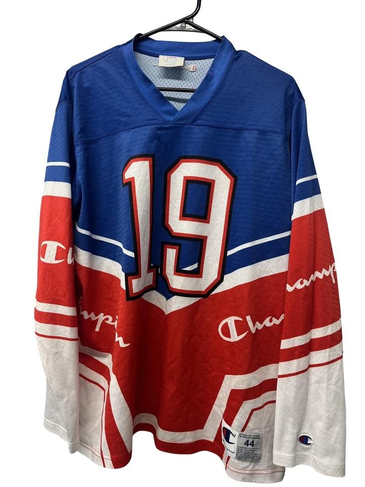 Vintage Champion Jersey Shirt Mens Large Blue Red White Hockey Style 19 Mesh 90s - Image 1 of 4
