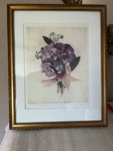 Forget Me Nots Floral Purple Pansies Print Gold Framed-Artist Amy Melious Signed - Picture 1 of 8