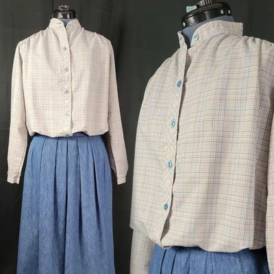 Top abotonado vintage blanco/bronceado/azul a cuadros con cuello mandarín talla mediana Foto 1 de 4