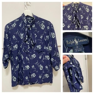 VTG POLO Ralph Lauren Silk Blouse Floral Button Navy Ruffle Neck 3/4 Sleeves 8 - Picture 1 of 17