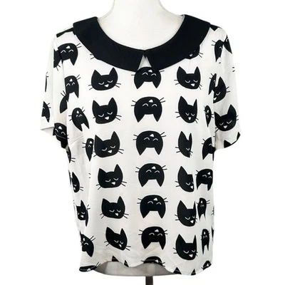 Топ с коротким рукавом Lily белый черно-кремовый с принтом кошки Peter Pan вырез горловины размер XL - Изображение 1 из 4