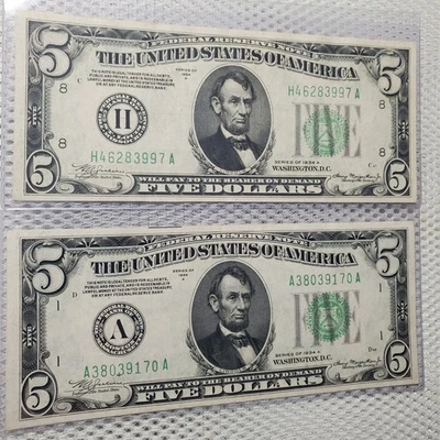 1934 A $5 Federal Reserve Note Green Seal Set of 2 St Louis & Boston, Nice Notes - Image 1 of 4