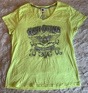 Harley Davidson W Large Short Sleeve Fluorescent V-Neck T Shirt Bleu Bayou 1126 - Picture 1 of 8