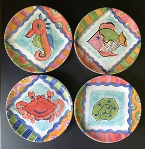 VICKI CARROLL Splish Splash Salad Plates 7.75" Crab, Fish - Mississippi Pottery - Picture 1 of 3