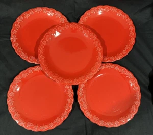 Pioneer Woman Set of 5 Red Stoneware SALAD Plates Scalloped Beaded Rims 8.5" - Picture 1 of 2