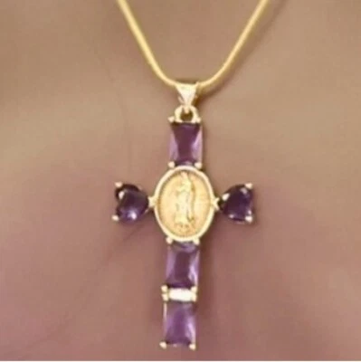 Ожерелье с подвеской в виде креста Девы Марии религиозное февраль имитация аметиста модное* - Изображение 1 из 4