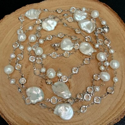 42" Cultured White Keshi Pearl White Gold Plated Cz Pave Chain Long Necklace - Image 1 of 4