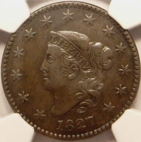 1827 CORONET HEAD LARGE CENT, EXCEPTIONAL CONDITION, NGC GRADED XF 40 BN Cover