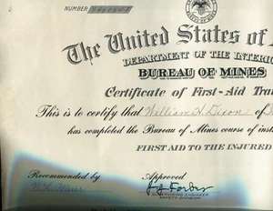 Bureau of Mines 1937 Certificate of First Aid Training to William H. Dixon - Picture 1 of 3