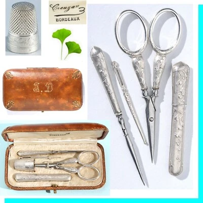Art Nouveau nécessaire de couture en ARGENT ancien Ciseaux écrin coudre etui - Photo 1/4