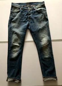 Nudie Jeans Grim Tim W34 L32 Organic Denim Blue Faded Distressed - Imagen 1 de 11