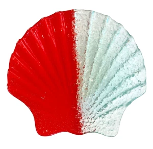 Mid-Century Modern Red & Clear Cracked Art Glass Shell-Shaped Bowl Candy Dish 7” - Picture 1 of 11