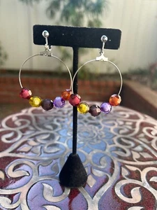 Lovely Brown/Purple/Yellow Beads on Hoop Dangling Clip On Earrings - Picture 1 of 4