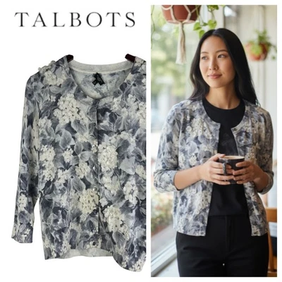 Suéter Cárdigan Talbots Talla XL Petite XLP Floral Mezcla SEDA Gris Blanco Romántico Foto 1 de 4