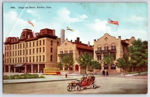 Congress Hotel Pueblo CO Postcard Hyde Paper Co Antique Auto Trolley Unused - Picture 1 of 2