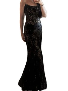 Abito da sera a sirena bustier disossato nero e pizzo, US 6 - Foto 1 di 12