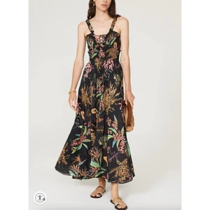Maxi abito Charo Ruiz nero floreale XS smocked vacanza romantico prendisole $670 - Foto 1 di 12