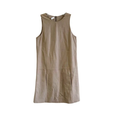 Brunello Cucinelli Tan Leather Silk Sleeveless Mini Shift Dress Size 4 - Image 1 of 4